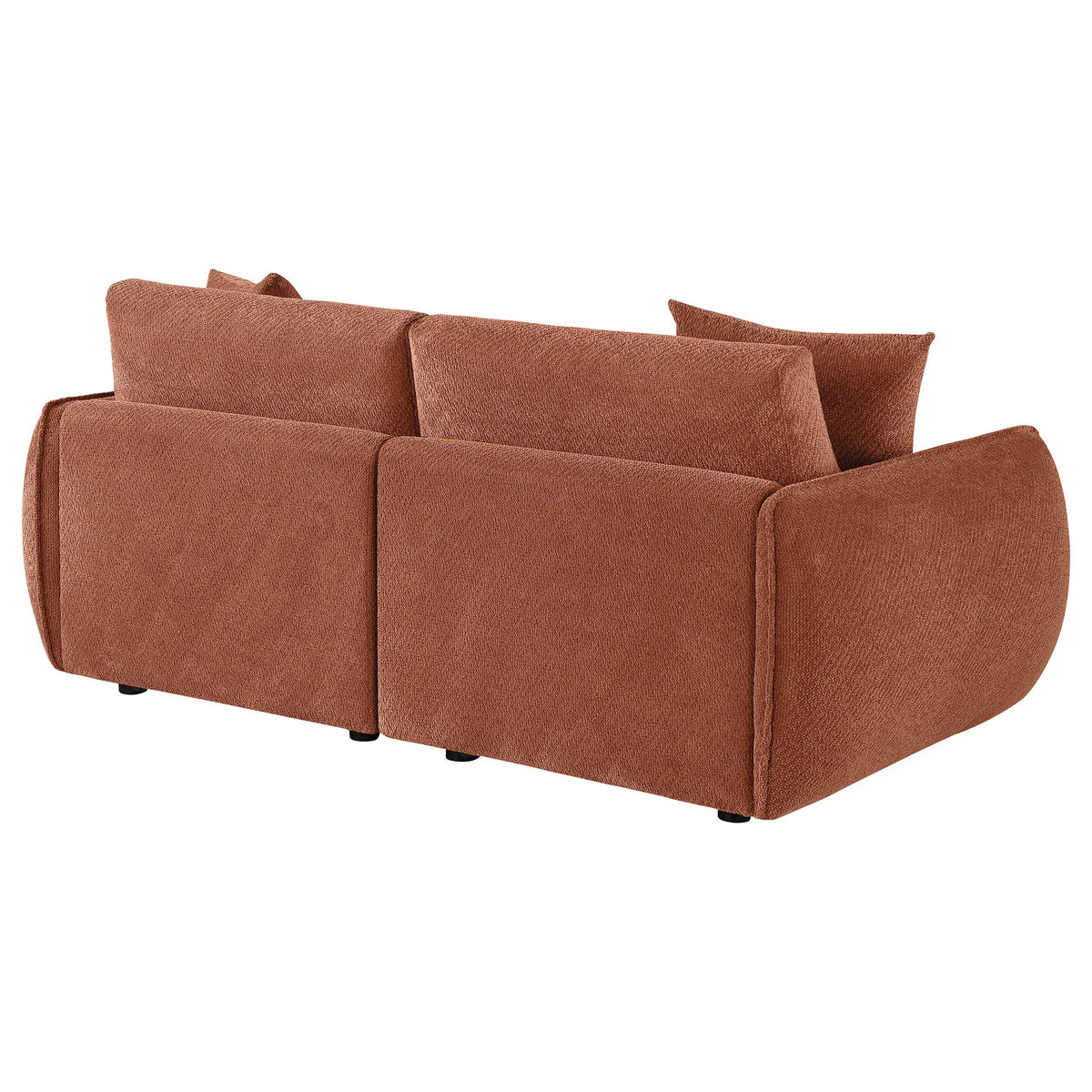 Elysia Coral modular loveseat, rear three-quarter view, fully upholstered coral chenille