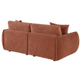 Elysia Coral modular loveseat, rear three-quarter view, fully upholstered coral chenille