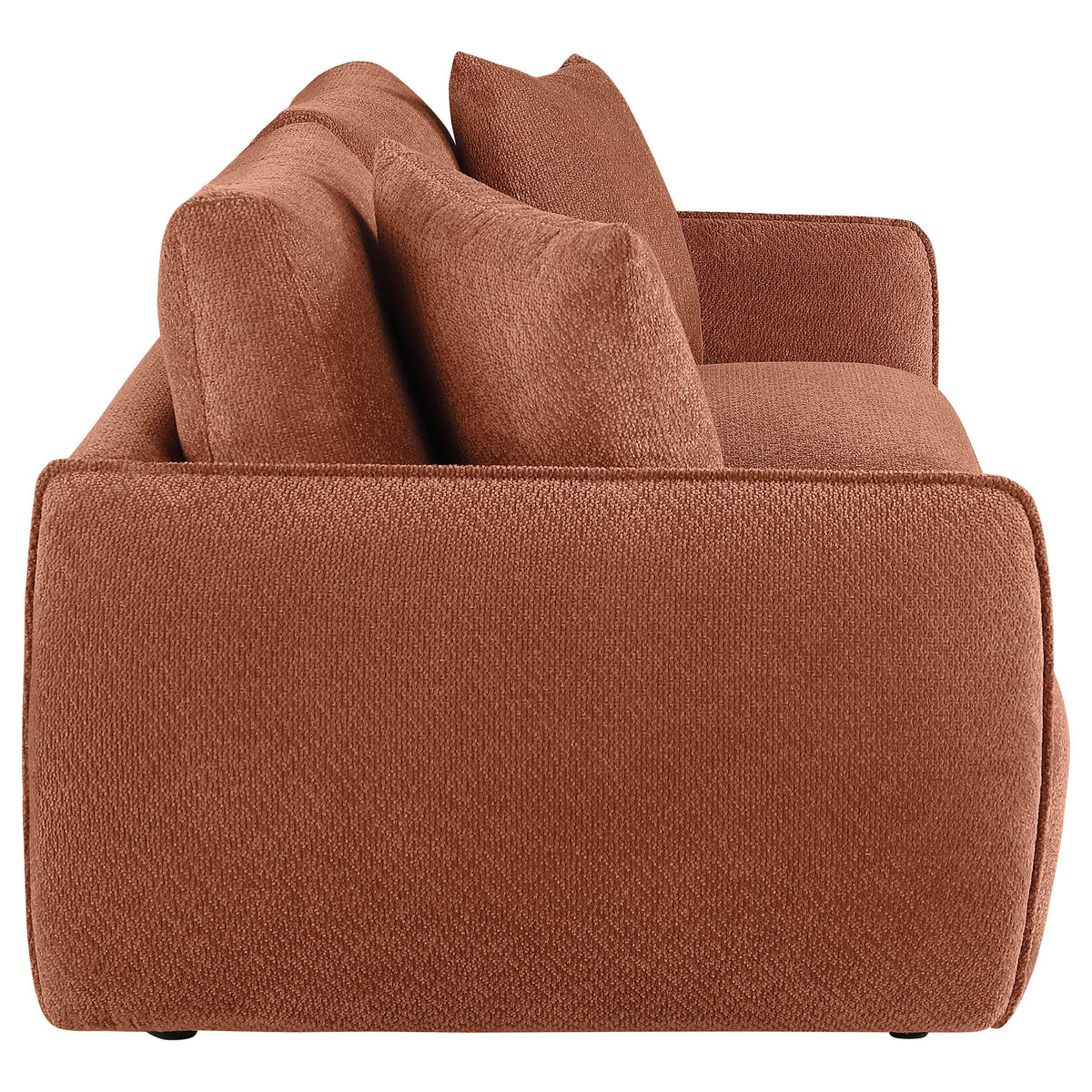 Elysia Coral modular loveseat, rear three-quarter angle, coral chenille upholstery