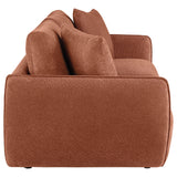 Elysia Coral modular loveseat, rear three-quarter angle, coral chenille upholstery