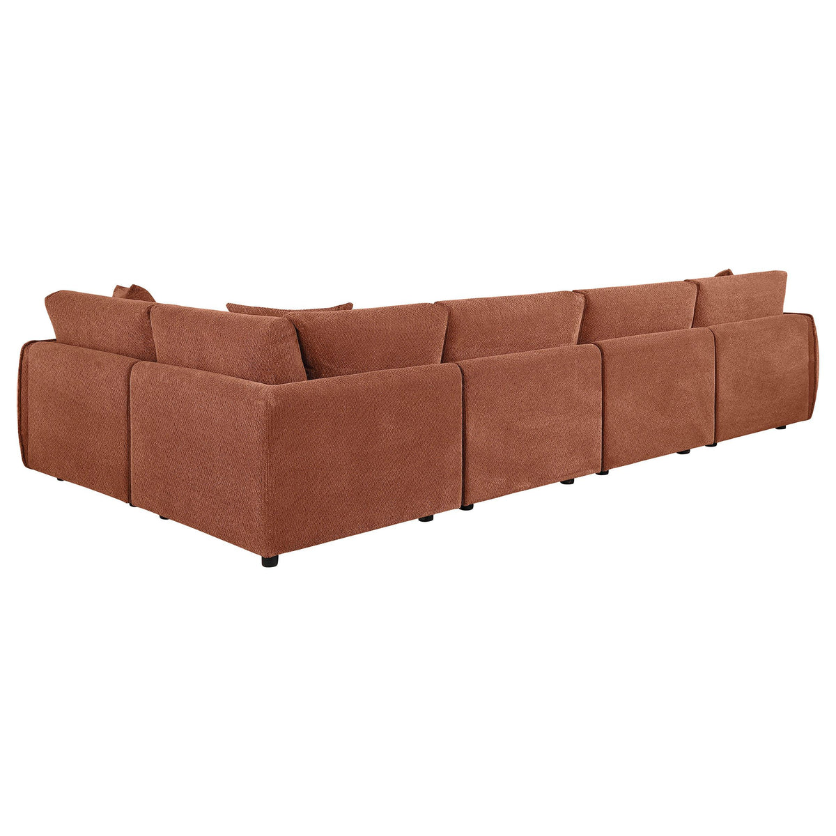 Elysia Coral modular sectional sofa, coral chenille upholstery, front view with chaise end