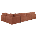 Elysia Coral modular sectional sofa, coral chenille upholstery, front view with chaise end