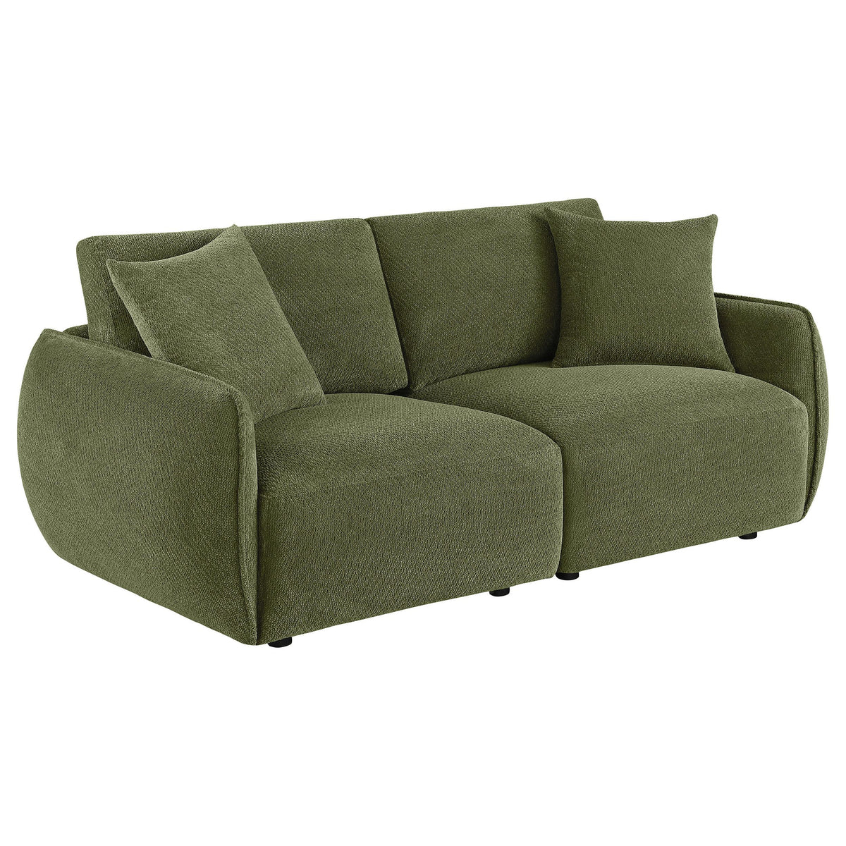 Elysia Green chenille modular loveseat, rounded arms and loose pillows, front three-quarter view