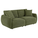 Elysia Green chenille modular loveseat, rounded arms and loose pillows, front three-quarter view