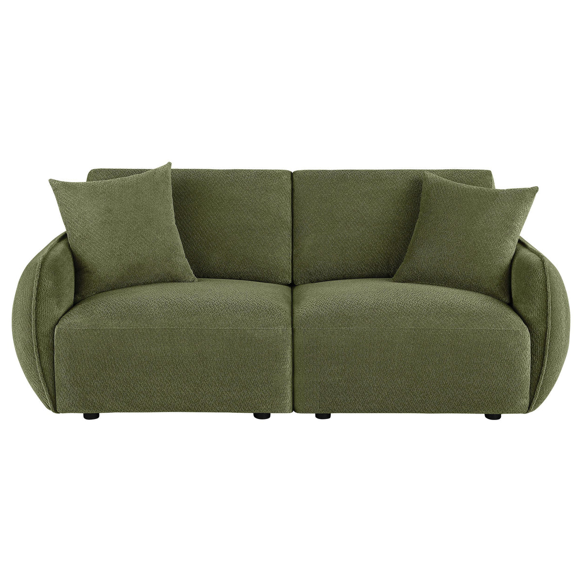 Elysia Green chenille loveseat, front view with two seats and loose pillows