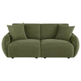 Elysia Green chenille loveseat, front view with two seats and loose pillows