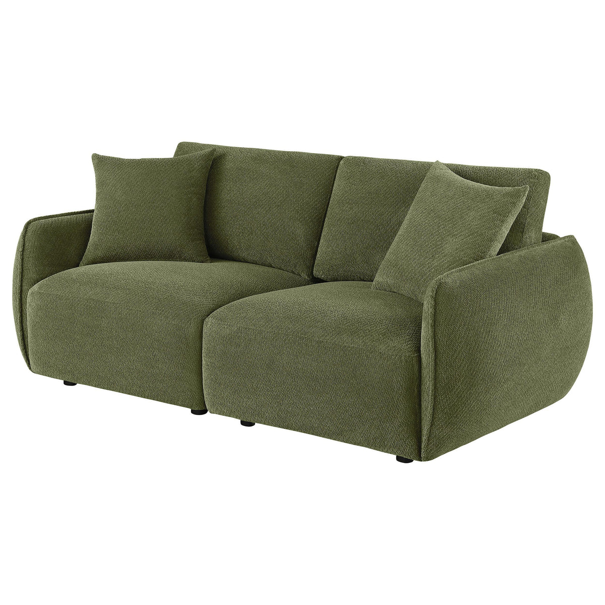 Elysia Green chenille modular loveseat, angled view with plush cushions and rounded arms