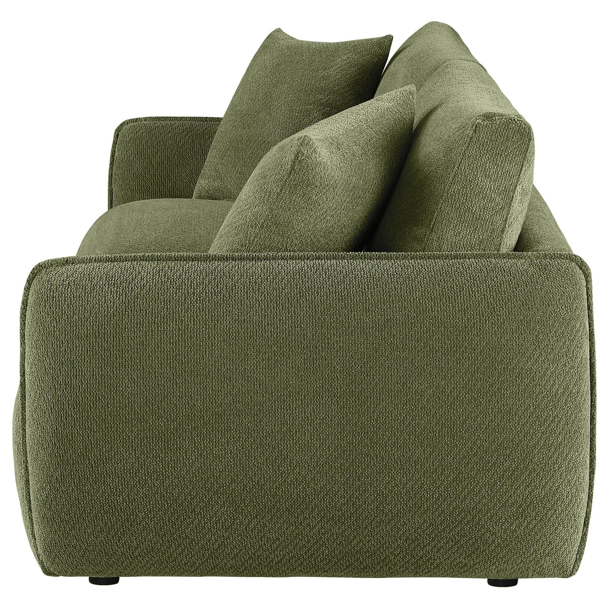 Elysia Green chenille loveseat, side view with rounded arm and back pillows