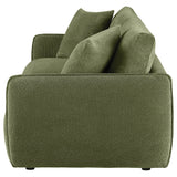 Elysia Green chenille loveseat, side view with rounded arm and back pillows