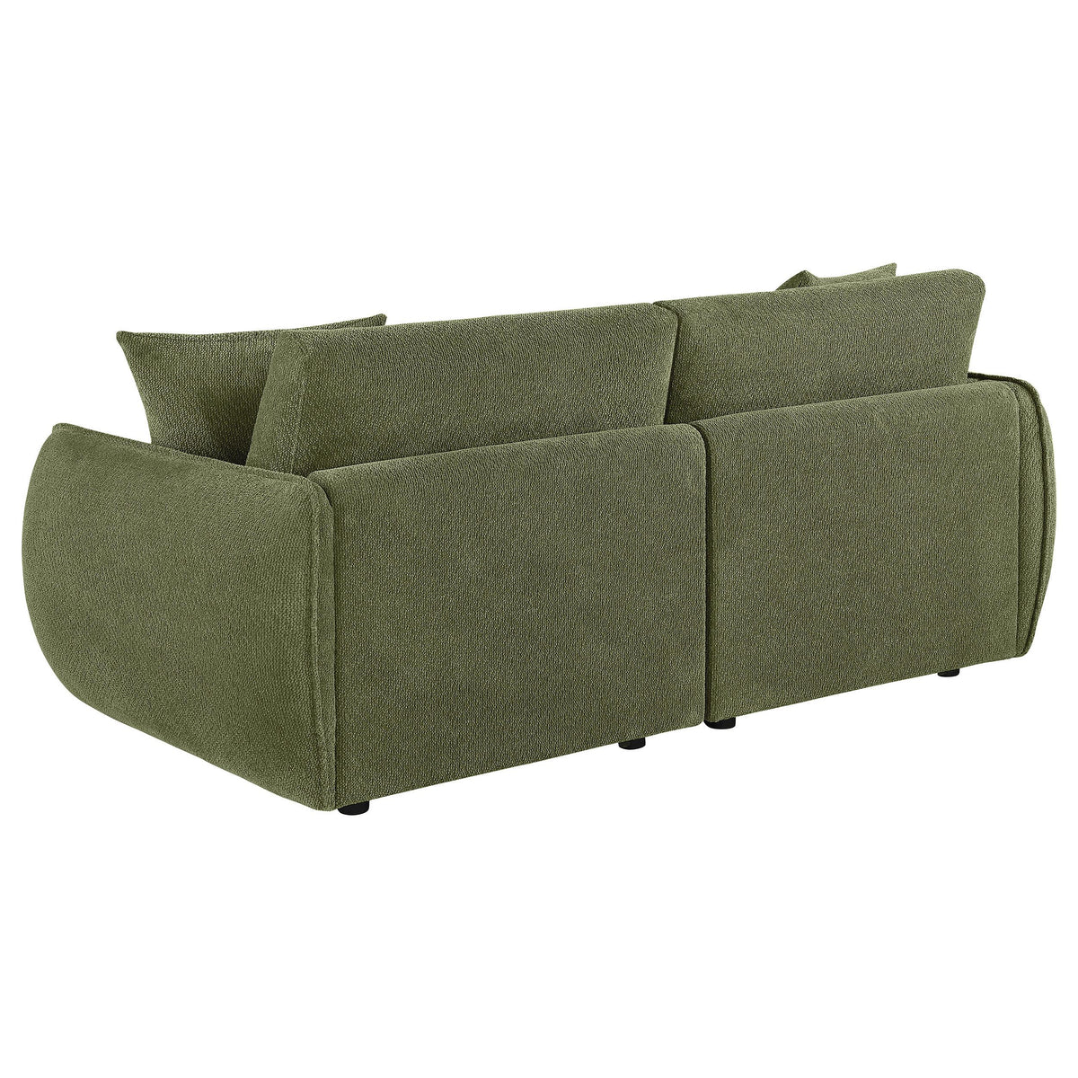 Elysia Green chenille loveseat, rear view with fully upholstered back panel
