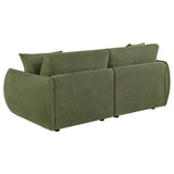 Elysia Green chenille loveseat, rear view with fully upholstered back panel