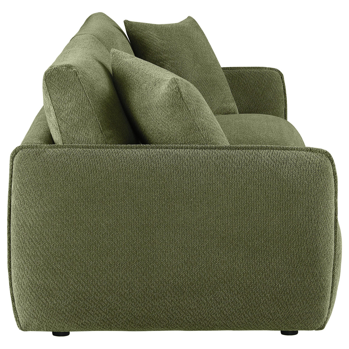 Elysia Green chenille loveseat, rear angle showing low profile and upholstered back