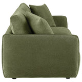 Elysia Green chenille loveseat, rear angle showing low profile and upholstered back