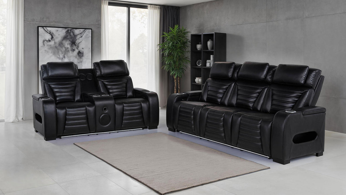 Zuma Black 2-Piece Faux Leather Dual Power LED Living Room Set from Coaster - Luna Furniture