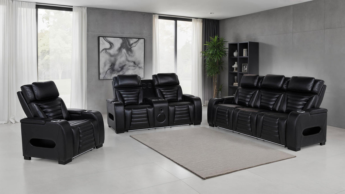 Zuma Black 3-Piece Faux Leather Dual Power LED Living Room Set from Coaster - Luna Furniture
