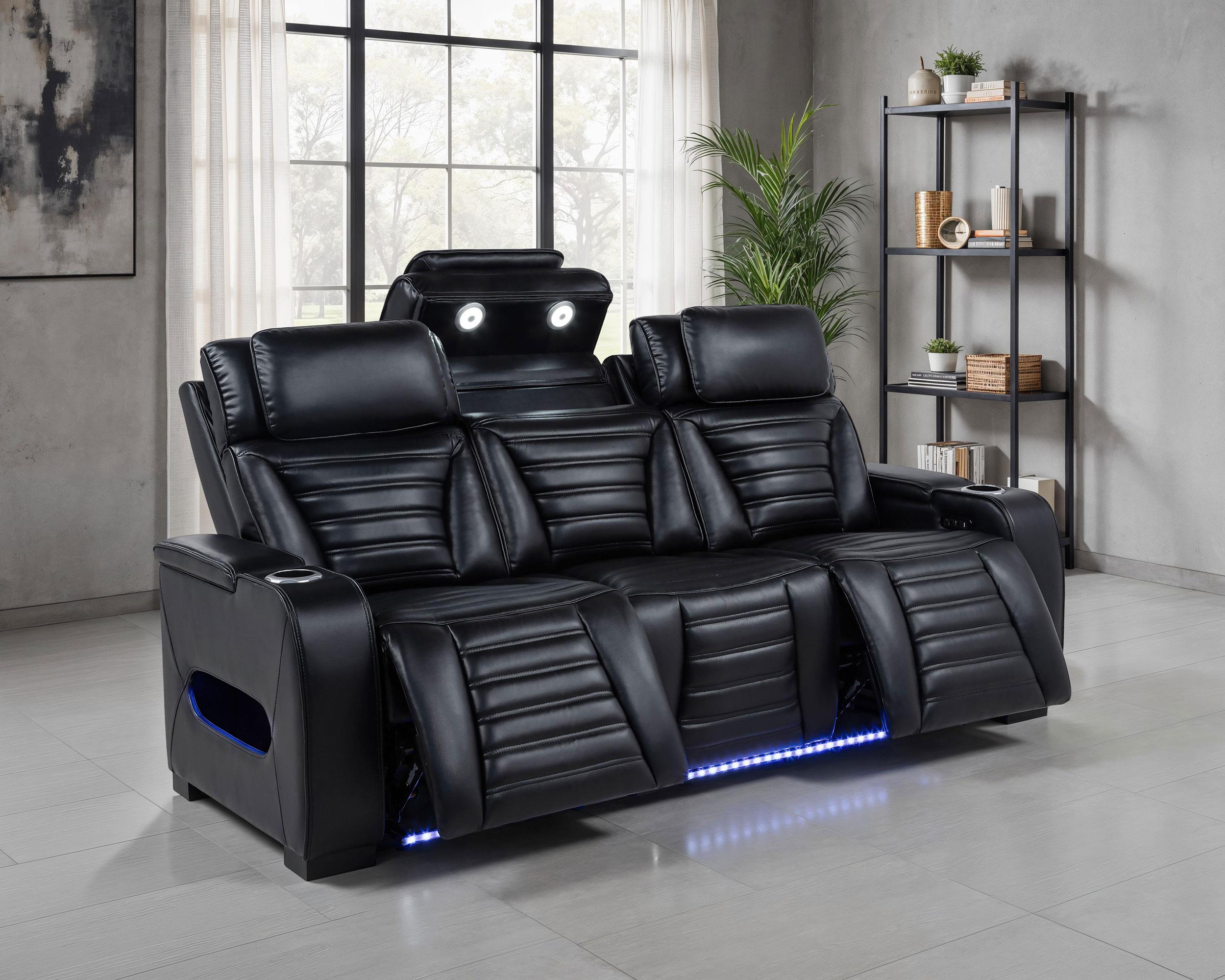 Coaster Zuma Black Faux Leather Dual Power Reclining LED Sofa