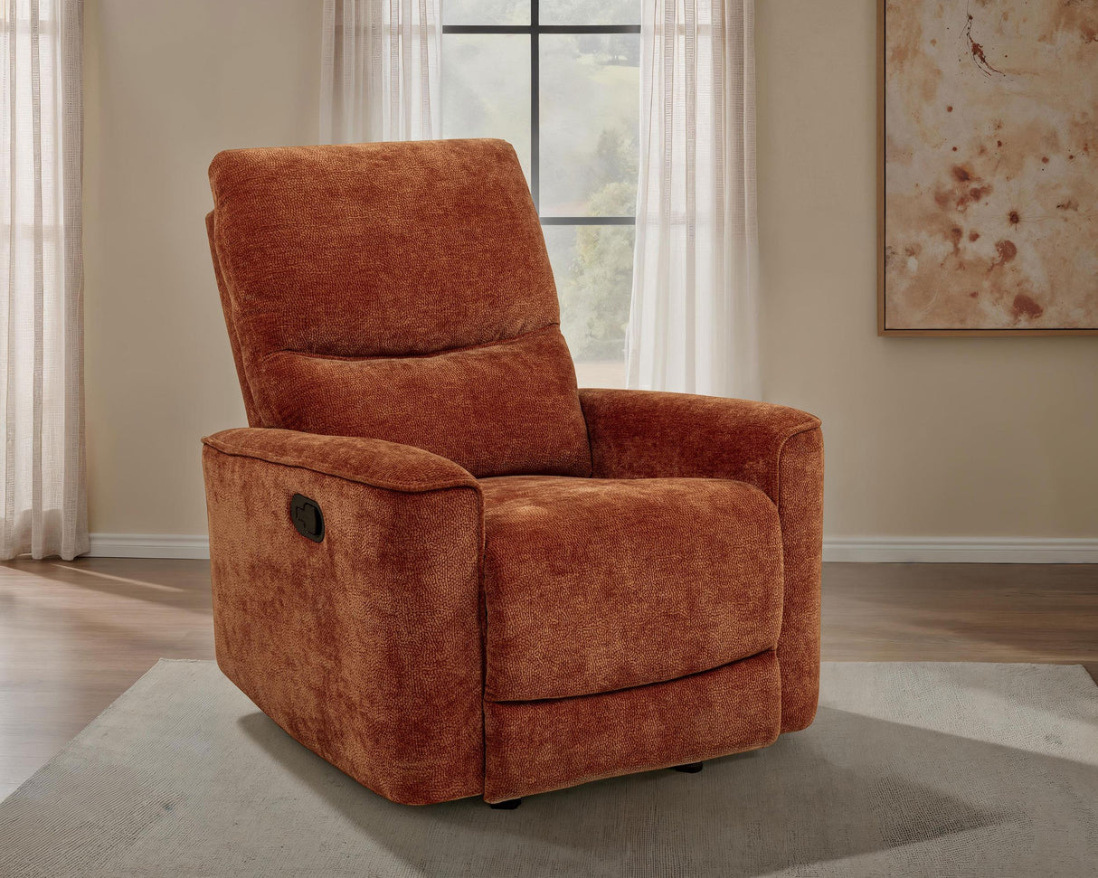 Navarro Burnt Orange Chenille Upholstered Glider Recliner from Coaster - Luna Furniture