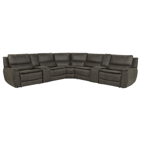 Marcell Gray 7-Piece L-Shaped Power Reclining Sectional with Dual Consoles from Coaster - Luna Furniture