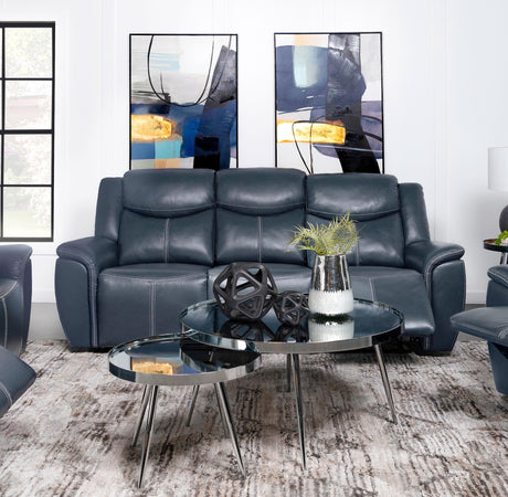 Sloane Blue Upholstered Motion Reclining Sofa with Drop Down Table from Coaster - Luna Furniture