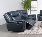 Sloane Blue Upholstered Motion Reclining Loveseat with Console from Coaster - Luna Furniture