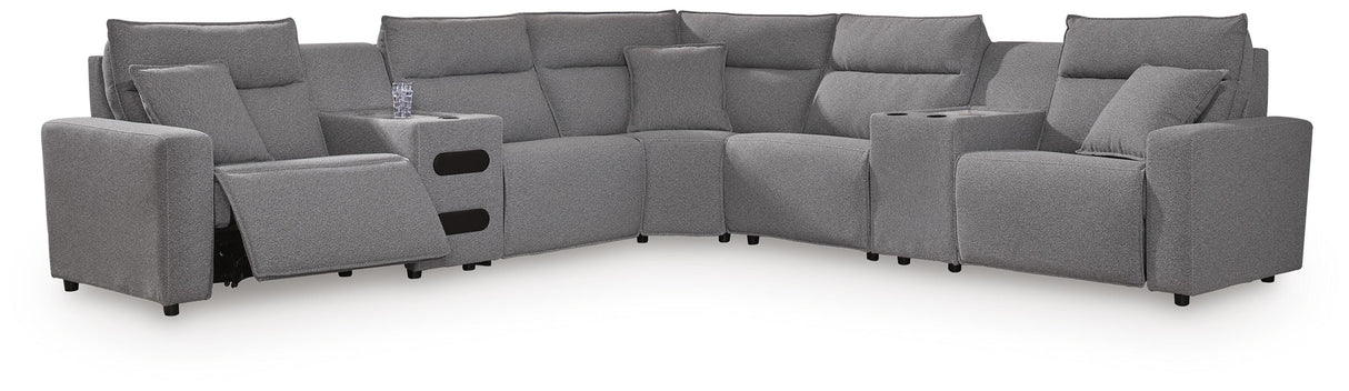 Modmax II Salt and Pepper 7-Piece Power Reclining Sectional with Audio Consoles from Ashley Furniture - Luna Furniture