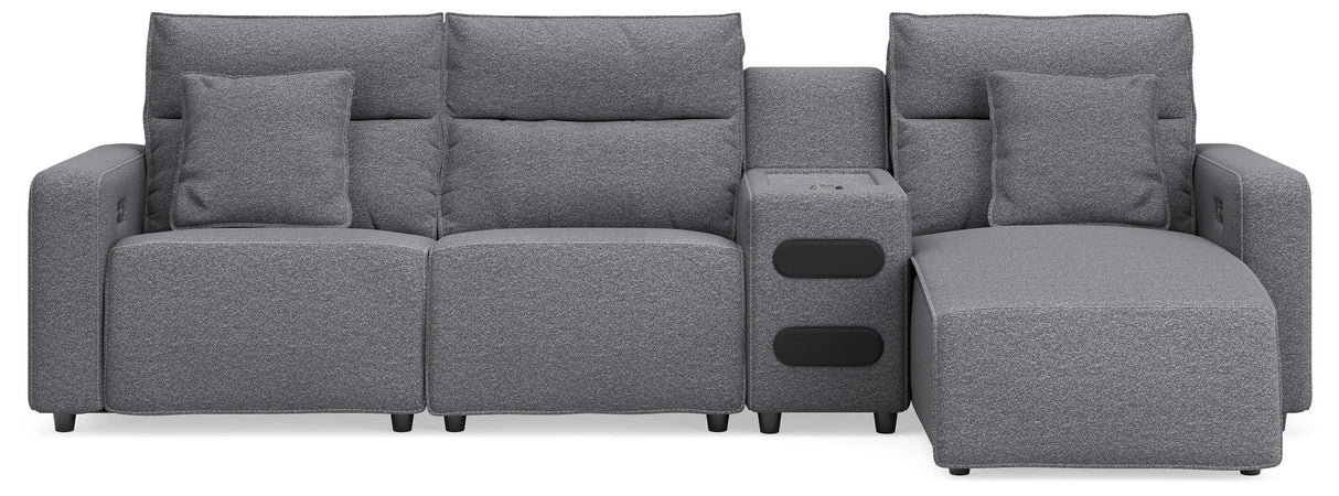Modmax Salt and Pepper 4-Piece Reclining Sectional with Chaise and Audio Console from Ashley - Luna Furniture