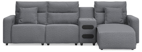 Modmax Salt and Pepper 4-Piece Reclining Sectional with Chaise and Audio Console from Ashley - Luna Furniture