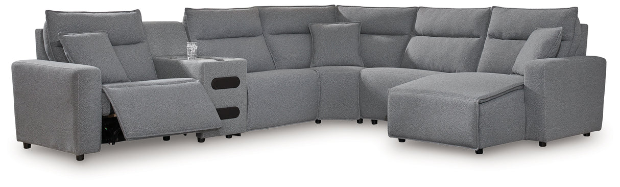 Modmax Salt and Pepper 6-Piece Reclining Sectional with Chaise and Audio Console from Ashley - Luna Furniture