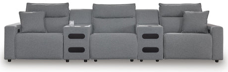 Modmax Salt and Pepper 5-Piece Reclining Sectional with Audio Consoles from Ashley - Luna Furniture