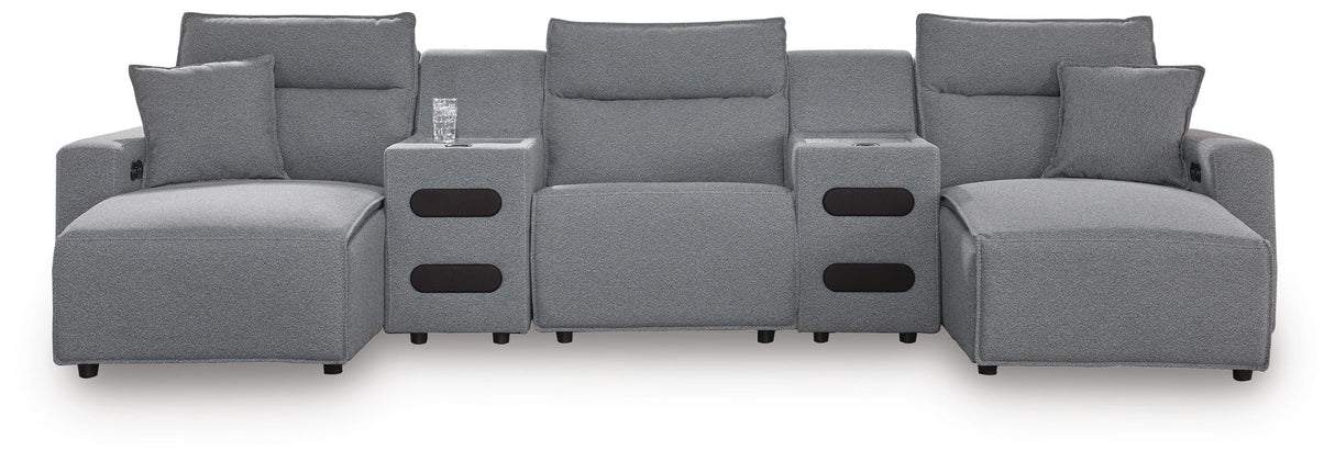 Modmax Salt and Pepper 5-Piece Reclining Sectional with Double Chaise and Audio Consoles from Ashley - Luna Furniture