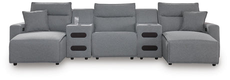 Modmax Salt and Pepper 5-Piece Reclining Sectional with Double Chaise and Audio Consoles from Ashley - Luna Furniture