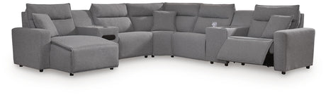 Modmax II Salt and Pepper 7-Piece Power Reclining Sectional with Chaise and Audio Console from Ashley - Luna Furniture