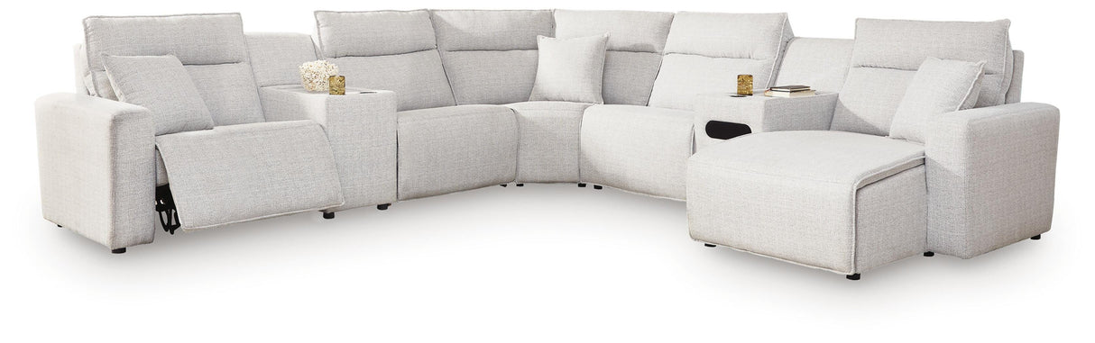 Modmax II Stone 7-Piece Power Reclining Sectional with Chaise and Audio Console from Ashley - Luna Furniture