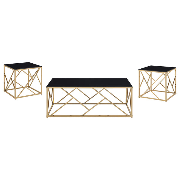 Comisso Black/Gold 3-Piece Tempered Glass Top Contemporary Coffee Table Set
