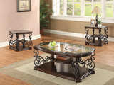 Laney Dark coffee and end table set, dark merlot finish, glass tops, living room staging