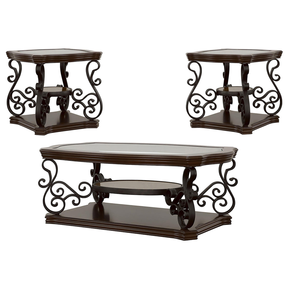 Laney Dark 3-piece table set, glass tops and scroll bases, front view on white