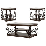 Laney Dark 3-piece table set, glass tops and scroll bases, front view on white