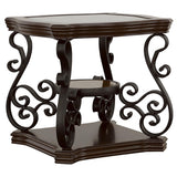 Laney Dark end table, square glass top and ornate scroll base, front view