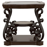 Laney Dark end table, square top, scrollwork base, side angle on white