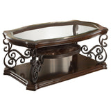 Laney Dark end table, decorative scroll base and shelf, rear angle on white