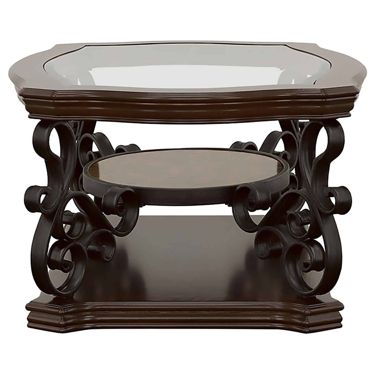 Laney Dark coffee table, side view with glass top and round shelf