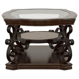 Laney Dark coffee table, side view with glass top and round shelf