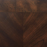 Laney Dark coffee table, front view with scroll base and glass top