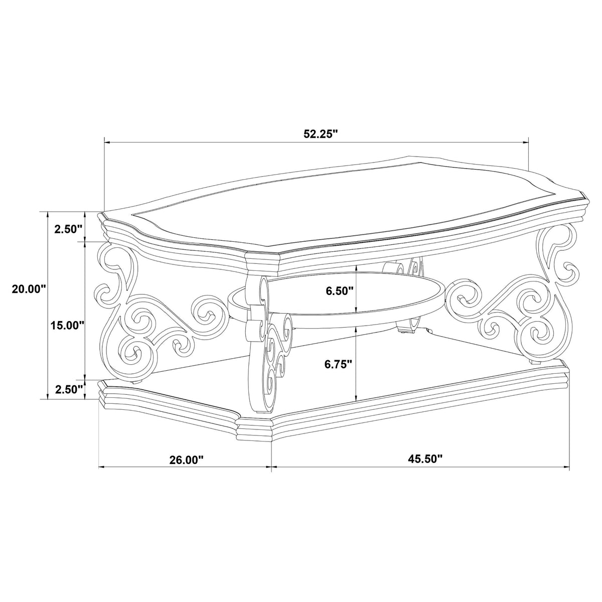 Laney Dark coffee table dimensions, 52.25 inches long, 26 inches deep, with shelf heights
