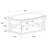 Laney Dark coffee table dimensions, 52.25 inches long, 26 inches deep, with shelf heights