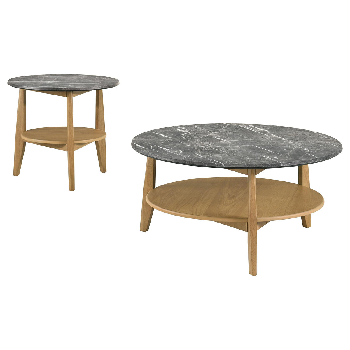 Bradley 2-Piece round coffee table set, gray marble-look tops and natural wood shelves, front view