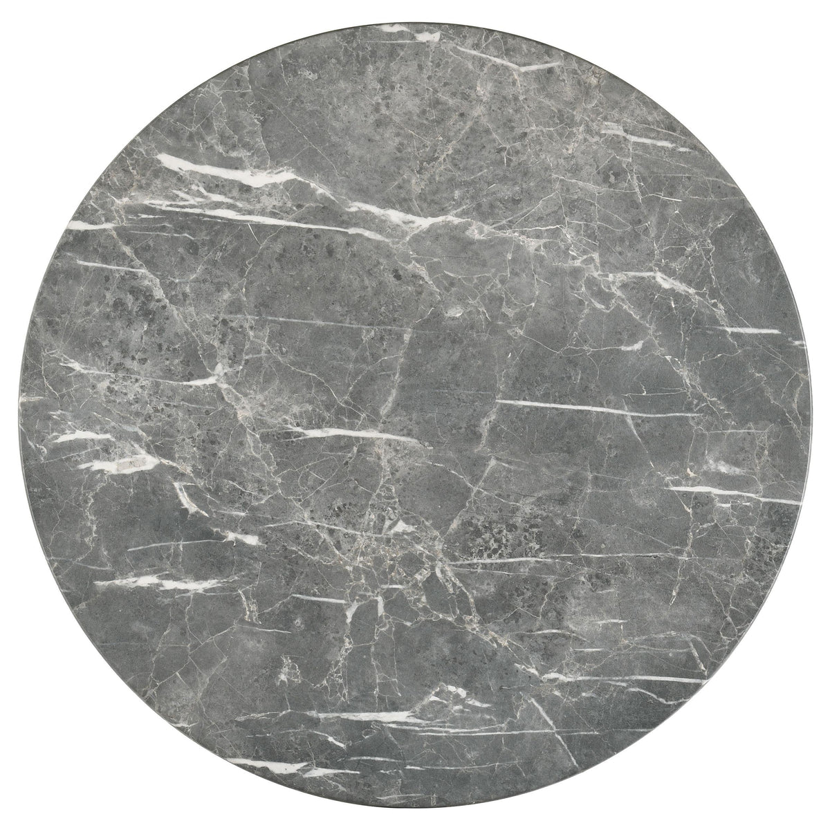 Bradley round coffee table, gray marble-look top and natural wood shelf, front view