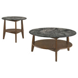 Bradley 2-Piece round coffee table set, smoky gray top and brown wood base, angled view