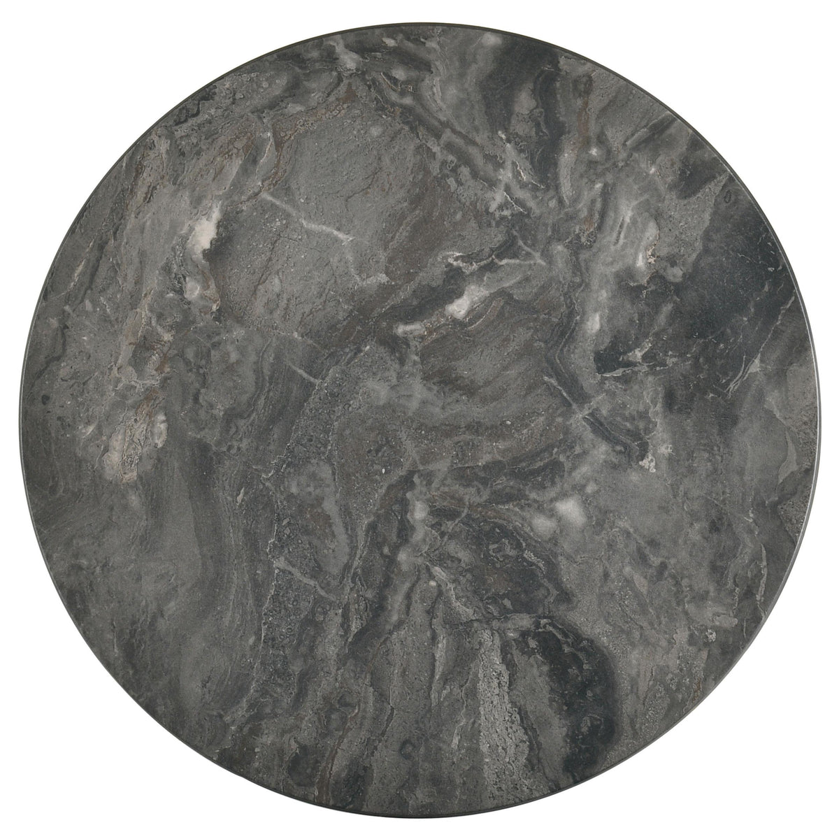 Bradley coffee table, smoky gray marble-look top and brown wood base, three-quarter view