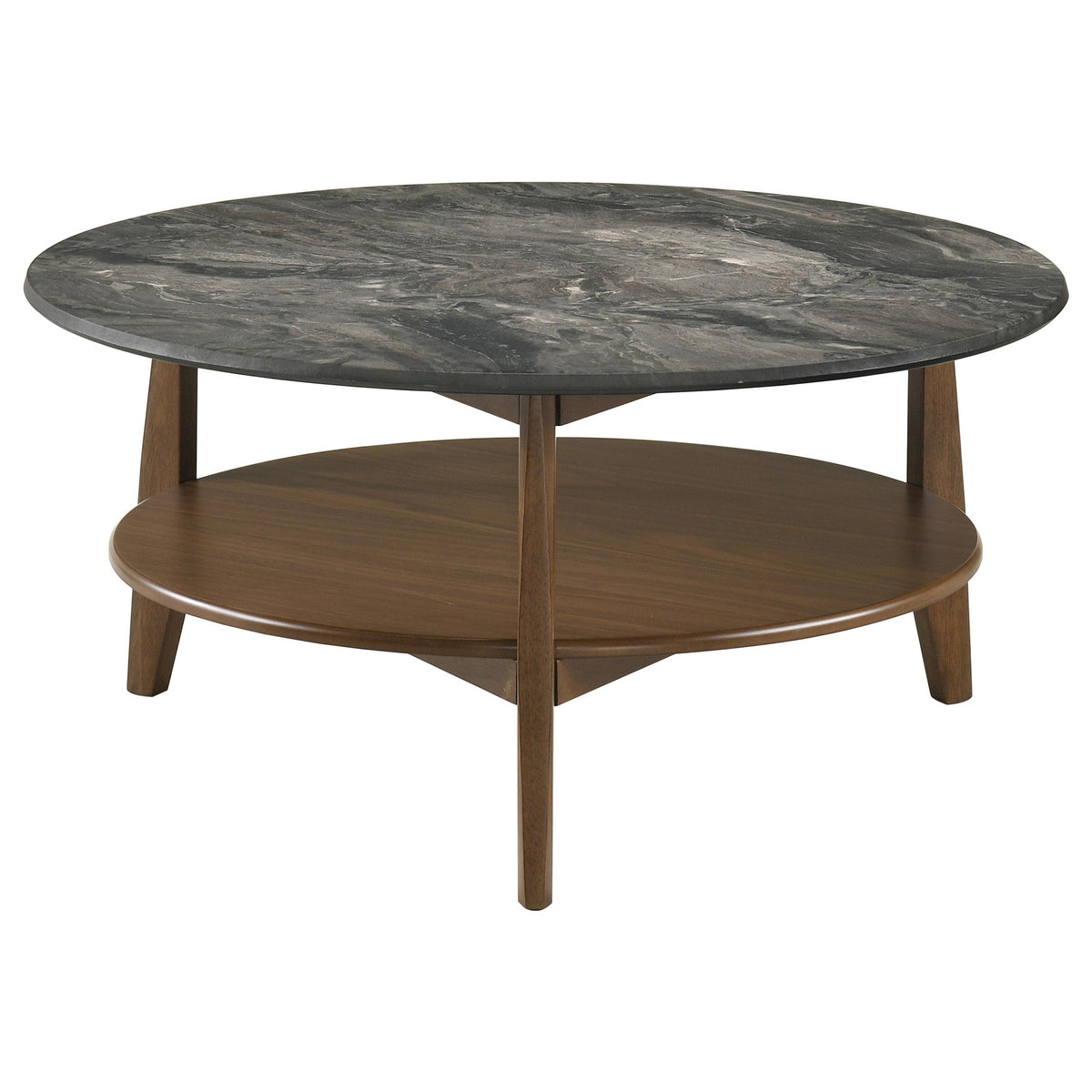 Bradley coffee table, smoky gray marble-look top and brown shelf, angled front view